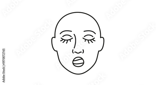 Bald Woman Face Yawning or Talking, Closed Eyes, Minimalist Line Art Icon