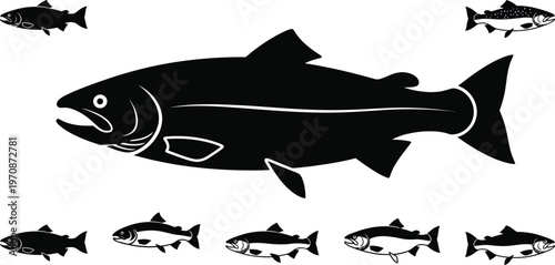 Collection of black salmon fish silhouettes on a white background trout aquatic animal