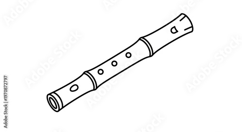 Bamboo Flute, Shakuhachi, Recorder, Woodwind Instrument, Isolated on White Background, Line Art