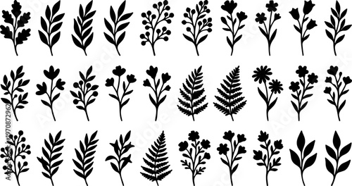 A seamless nature pattern featuring a set of black and white floral silhouettes including leaf, tree, and branch elements for a vector art decoration or tattoo design illustration