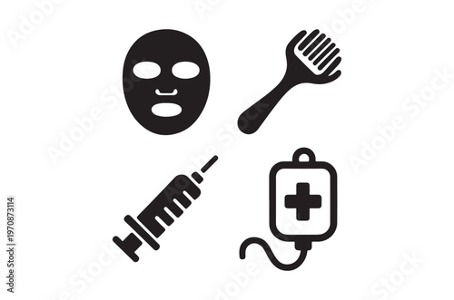 Medical icons depicting facial treatment iv drip and syringe