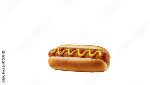 Foto Classic beef hotdog nestled in soft bun, topped with vibrant ketchup swirls