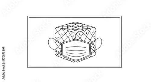 Abstract cube wearing a medical face mask, symbolizing protection and health