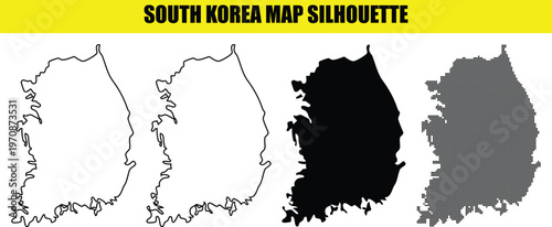 South korea map silhouette collection featuring four distinct styles including solid outline and dotted graphics.