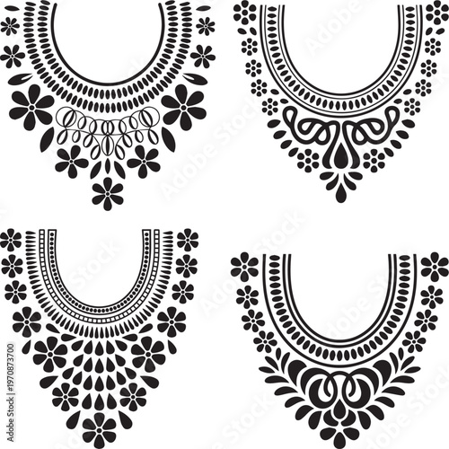 Set of Floral Neckline Embroidery Designs for Traditional Fashion.