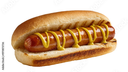 Schilderij op canvas Grilled hotdog nestled inside toasted bun, generously topped with yellow mustard