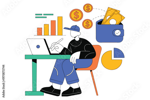 Man analyzing financial data on laptop with growth chart and wallet full of money.