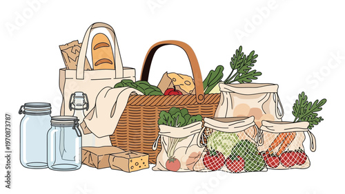 Sustainable shopping and zero-waste lifestyle essentials illustration featuring reusable bags, glass jars, and fresh produce for an eco-conscious consumer concept