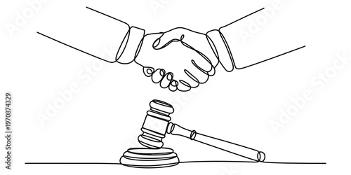 A single continuous line drawing of a handshake over a wooden gavel representing legal agreement. Vector, illustration