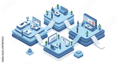 Isometric office spaces, modern workplaces, blue color scheme, business environments, workspace design