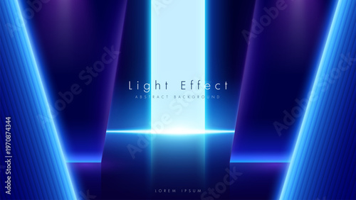 Futuristic abstract neon blue stage background with glowing light effects and geometric shapes.
