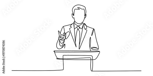 Continuous line drawing of a professional businessman giving a presentation from a podium stand Vector, illustration
