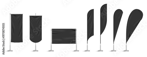 Black vinyl flags and set banners on pole