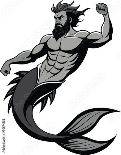 Powerful Triton Rising to Surface Tattoo Style Illustration