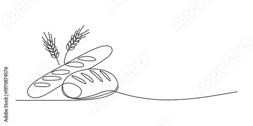 A single line drawing of a loaf of crusty bread and a baguette with wheat stalks on white back Vector, illustration