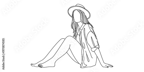 Minimalist line art drawing of a young woman wearing a wide brimmed hat and sitting on the floor Vector, illustration