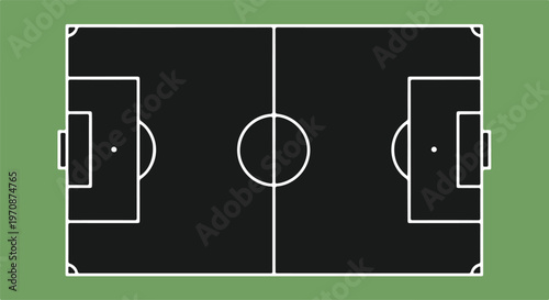 Top view of a soccer field with white markings on a dark green background