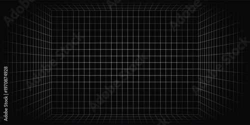 Futuristic perspective grid box. Abstract wireframe with white grid line on black background. Virtual reality landscape in 80s 90s digital style. Vector