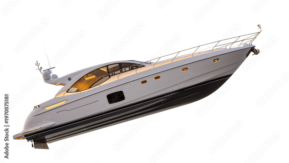 Naklejka premium Sleek modern luxury yacht with expansive windows, featuring polished chrome railings