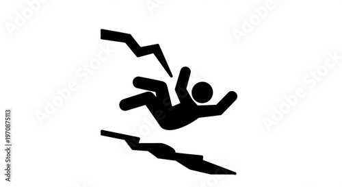 Graphic warning icon of a person falling into a chasm or crevice, symbolizing danger and risk
