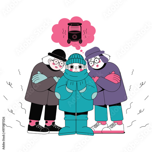People feeling cold with a thought bubble of a heater in a winter setting vector.