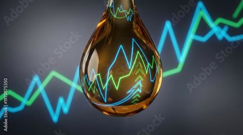 Oil price chart energy market graph droplet finance inflation volatility concept oil shock shown by golden droplet with glowing line chart and rising graph dark background conveying energy market
