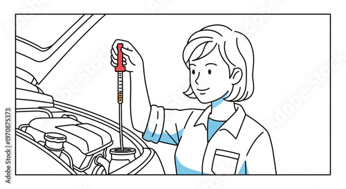 Woman checking car engine oil level with dipstick, auto maintenance concept