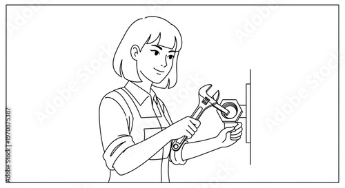 Woman fixing plumbing with wrench, DIY home repair, skilled female technician at work