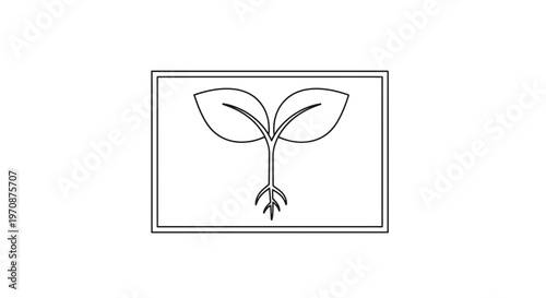 Simple Outline Icon of a Sprout with Roots Inside a Rectangle