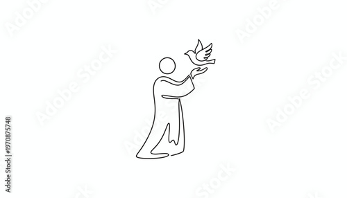 Single line drawing of a person releasing a dove, symbol of peace and freedom.