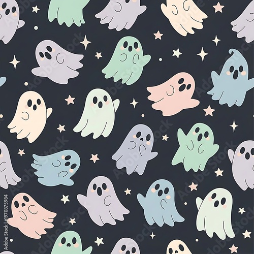 Cute Cartoon Ghosts with Stars on Dark Background Illustration