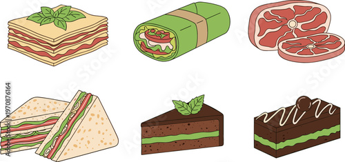 Tasty Food Vector Set Featuring Sandwiches, Wraps, Cake Slices, and Delicious Treats for Food Illustrations and Meal Designs