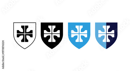 Four heraldic shields with variations of the teutonic cross design