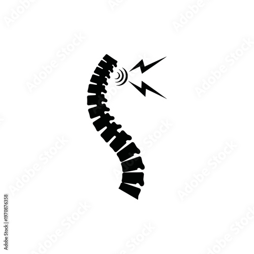 Black Icon of Painful Human Spine with Lightning Bolt