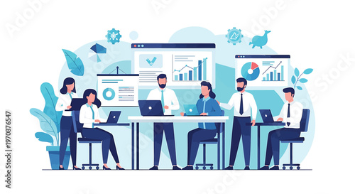 Business team, office workers, collaboration, data analysis, infographics, blue vector illustration