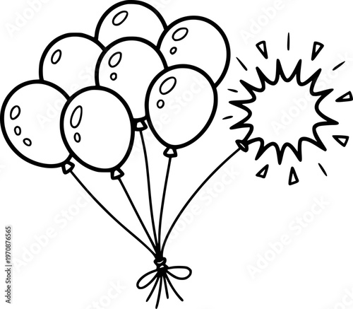 Tableau sur toile Bunch of Outline Balloons Tied with Ribbon and Exploding Starburst party celebra