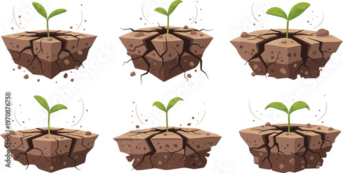 Seedling growing in soil vector set with cracked earth blocks plant sprouts and nature growth concept illustrations for ecology design