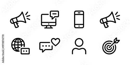 Black line of social media communication and marketing megaphone loudspeaker computer monitor mobile phone