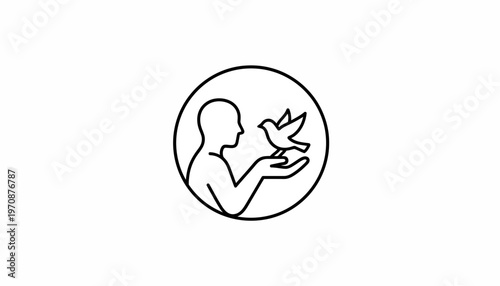 Silhouette of a person releasing a bird from their hands inside a circle, symbolizing freedom and hope.