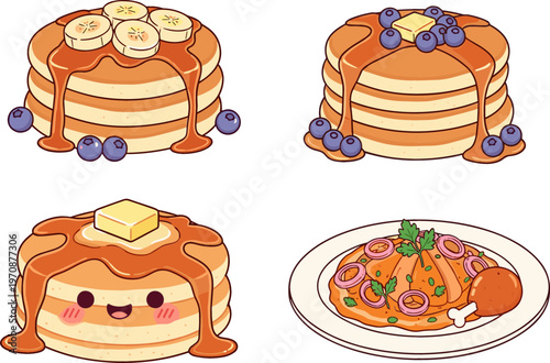 Obraz na plátne Adorable Pancake Stack Vector Set Featuring Banana, Blueberry Topped Pancakes, a