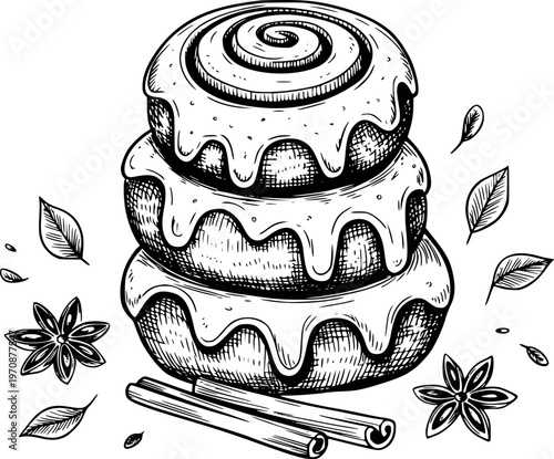 Stacked cinnamon rolls with icing and star anise cinnamon sticks and leaves pastry