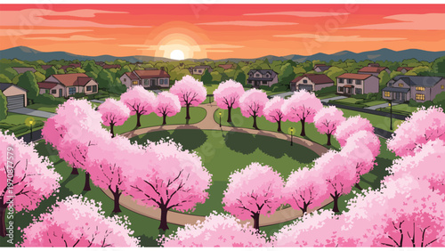 Spring Sunset in Pixel Art Suburban Park with Pink Cherry Blossom Trees Forming a Heart Shape