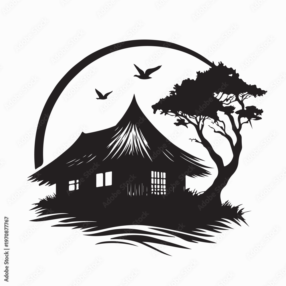 Fototapeta premium Peaceful Village House Silhouette Minimalist Thatch Cottage Vector