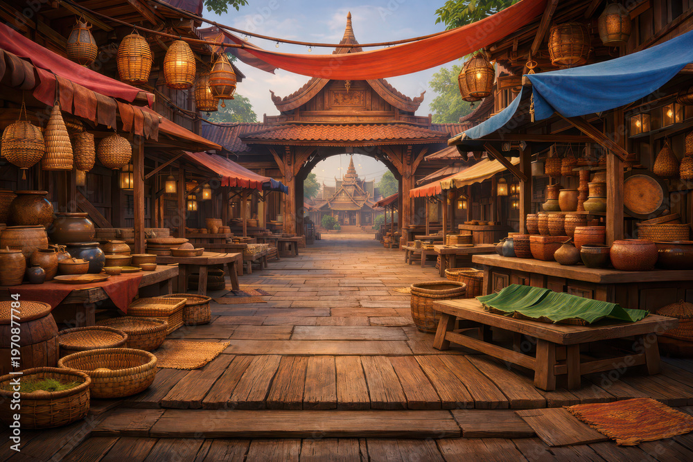 Fototapeta premium A vibrant market scene with wooden stalls and colorful canopies.