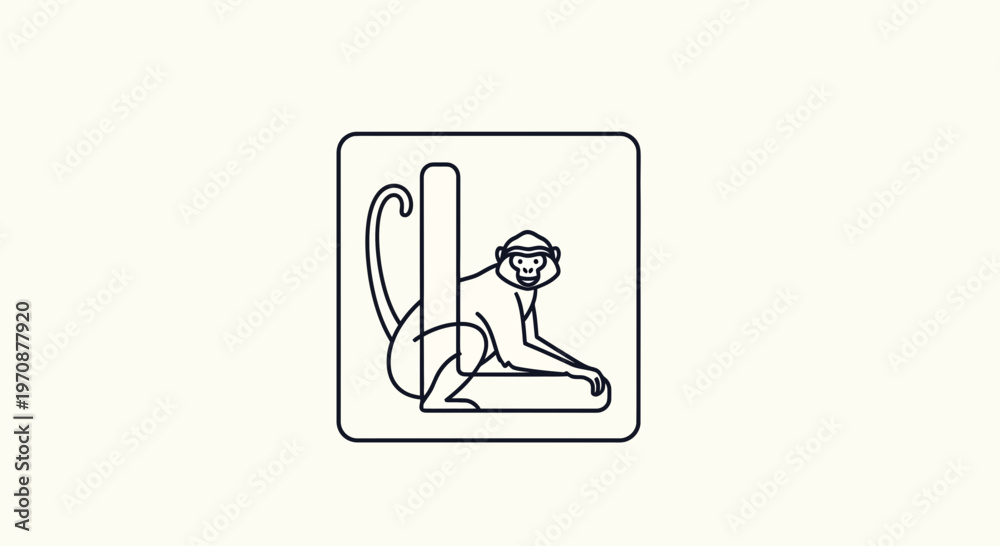 Fototapeta premium Playful Monkey Character Sitting on Letter L, Minimalist Line Art Icon