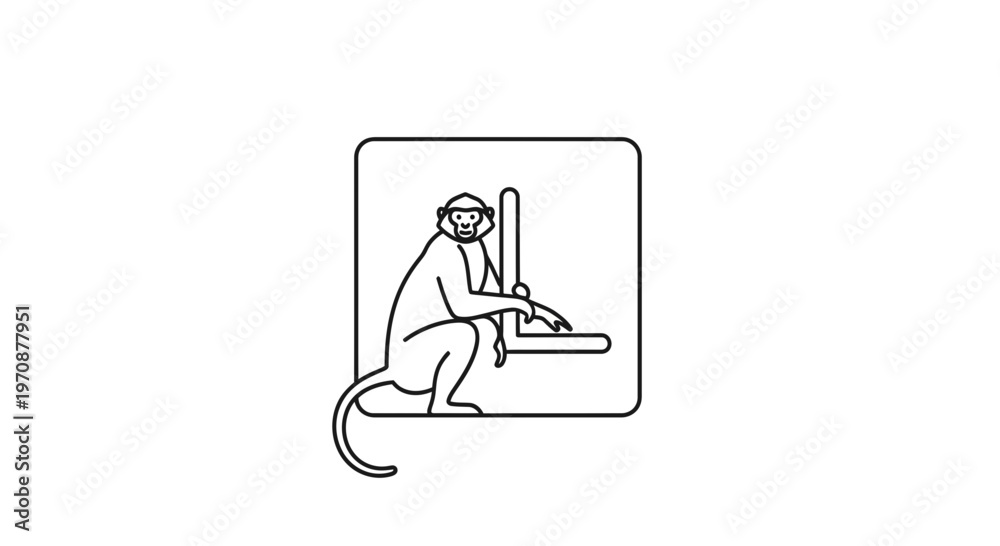 Fototapeta premium Primate in a laboratory setting, performing a task, line art icon