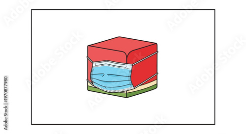 Red cube with face mask on green and yellow base, isolated on white background