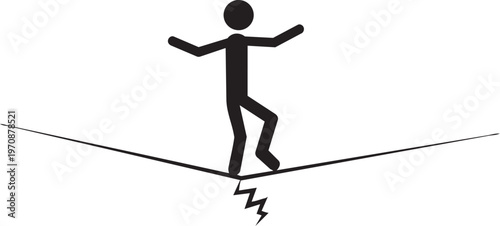 A stick figure carefully balances on a thin precarious tightrope