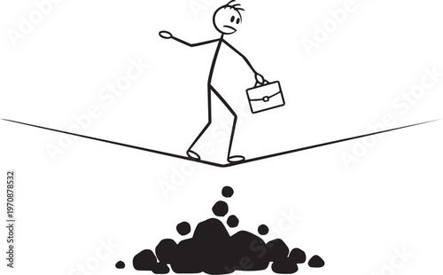 Stick figure carefully walking a tightrope over a pile of rocks