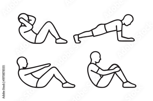 Line art illustrations demonstrate four different core exercise positions